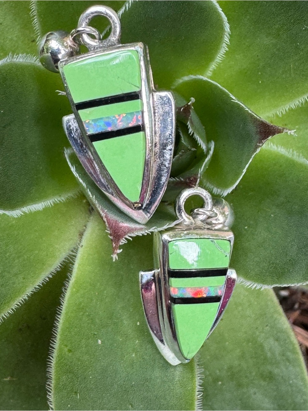 Navajo artist Ervin Hoskie Sterling Silver Gaspeite Opal and Onyx Inlay Earrings